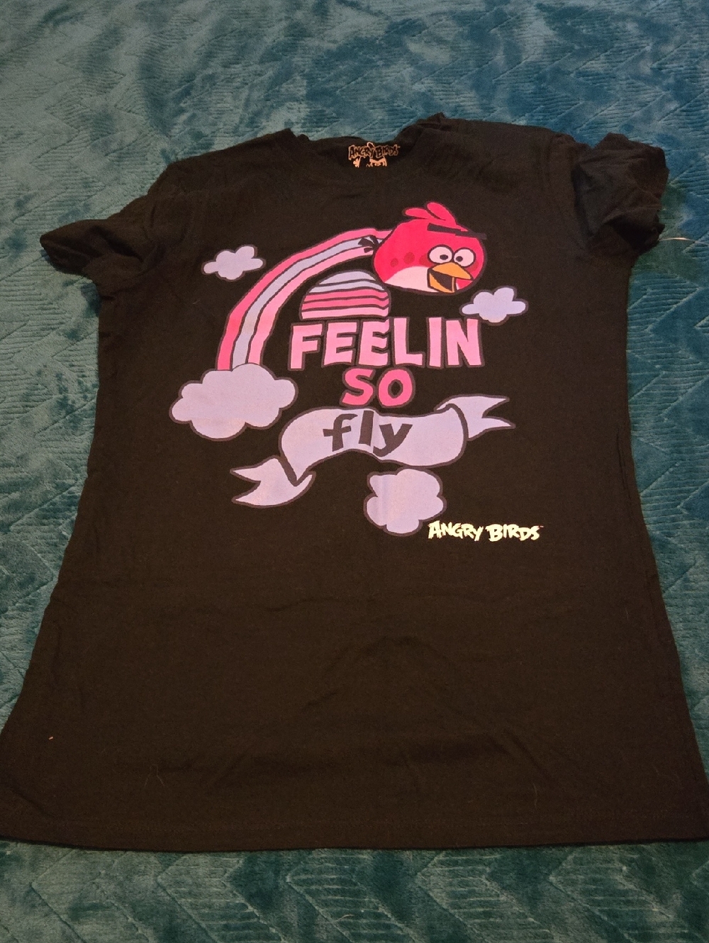NWOT Angry Birds Black "Feelin So Fly" Short Sleeve Tee